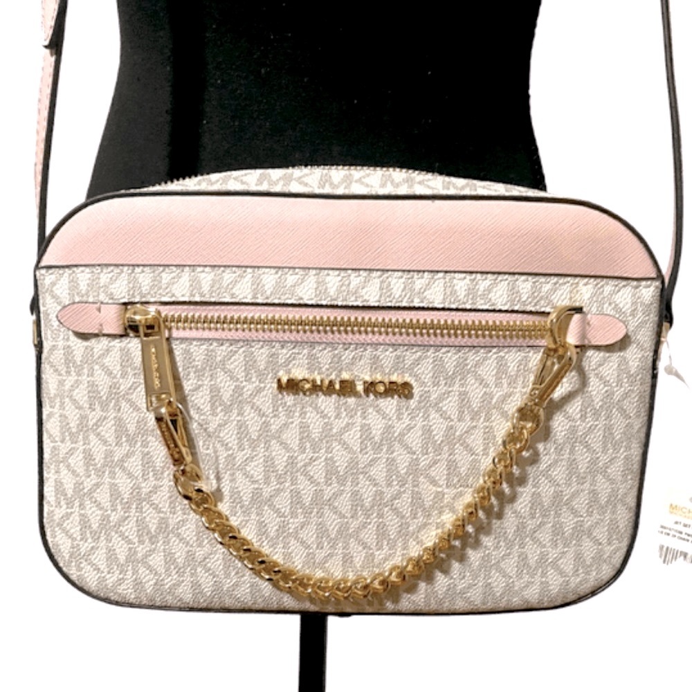 MK Jet Set Large EW Zip Chain Powder Blush MK Logo White Crossbody Bag